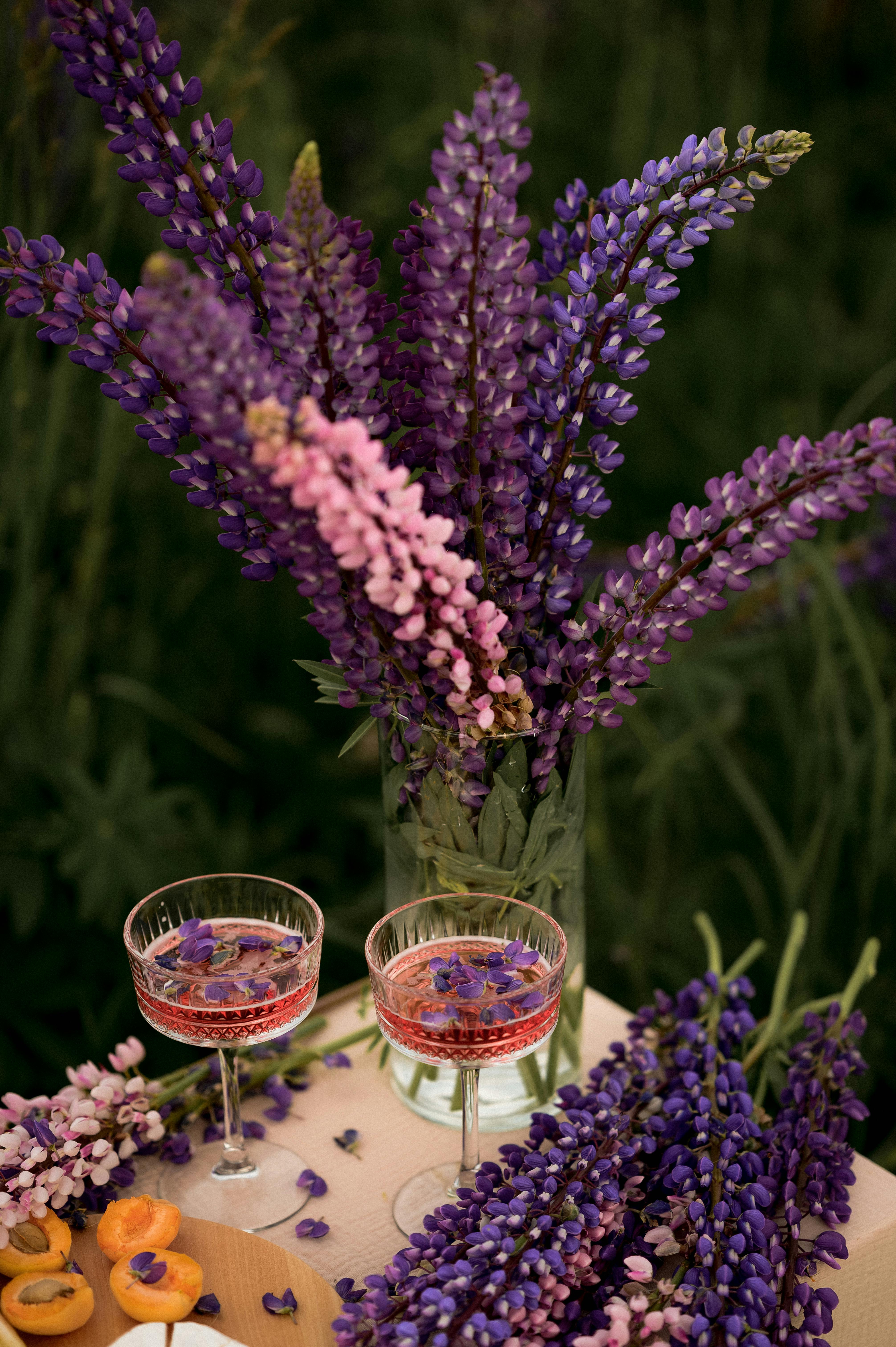 Outdoor Lupine Drink and Floral Arrangement