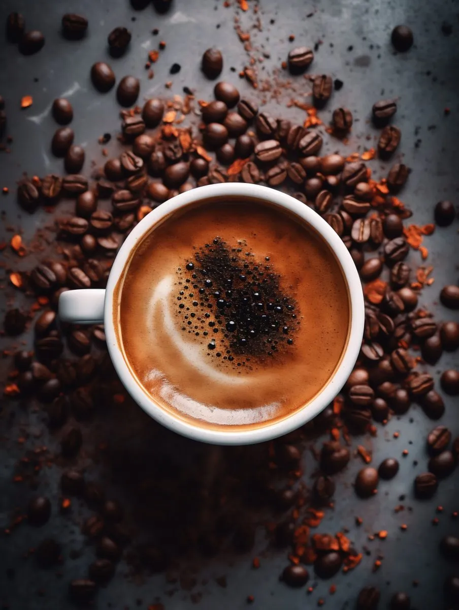 Top-Down View of Coffee and Coffee Beans