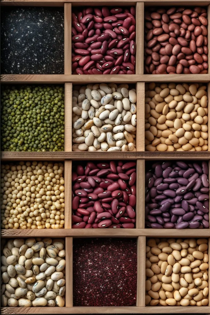 Assorted Dried Beans in Wooden Grid — Food
