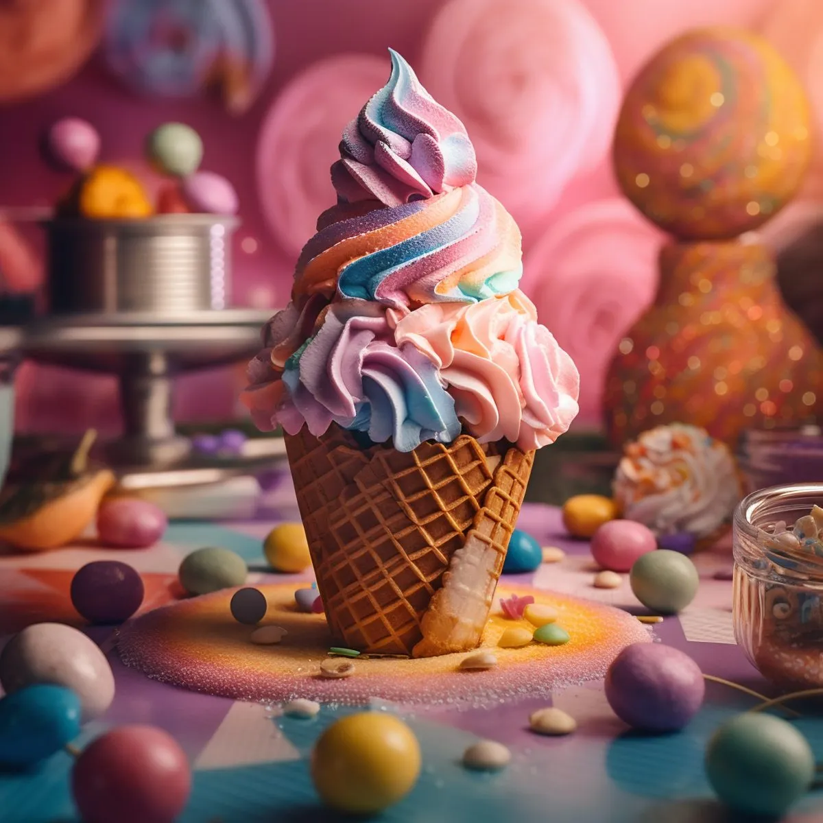 Rainbow Soft Serve Ice Cream Cone — Food