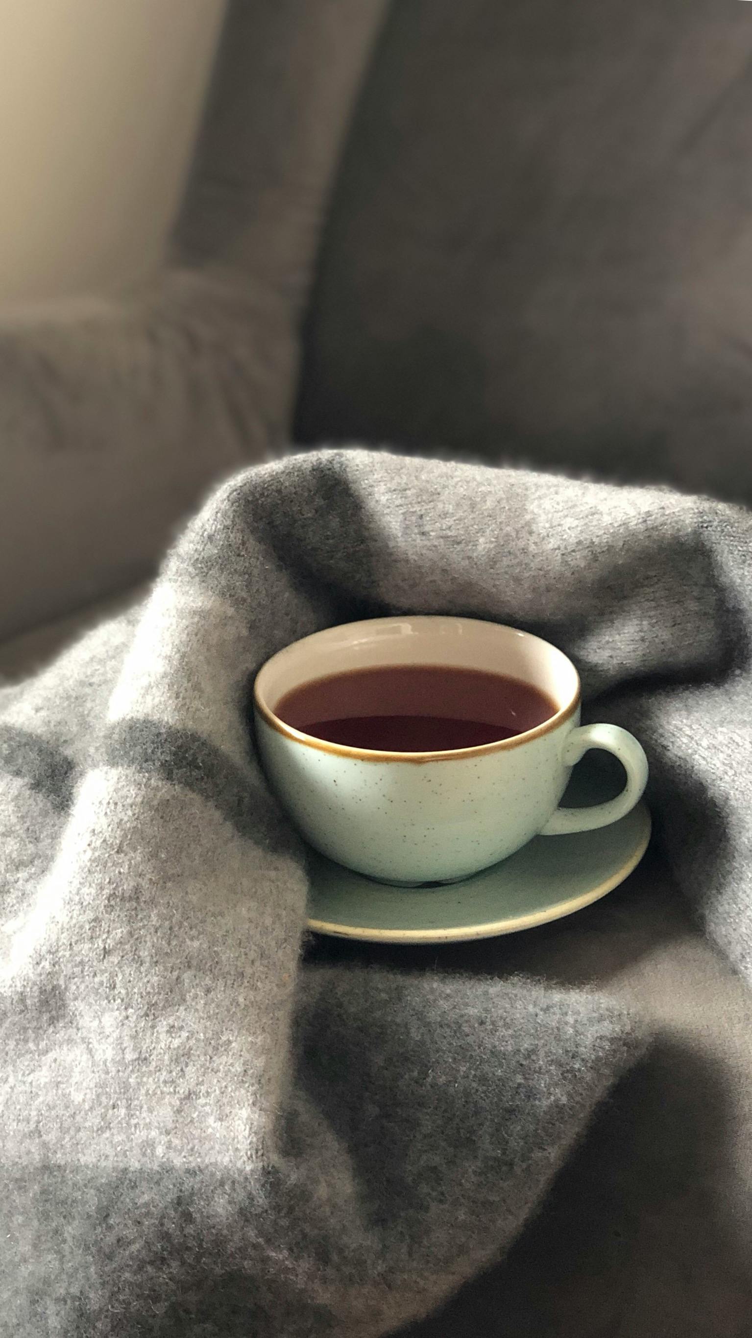 Cozy Cup of Tea on Checkered Blanket