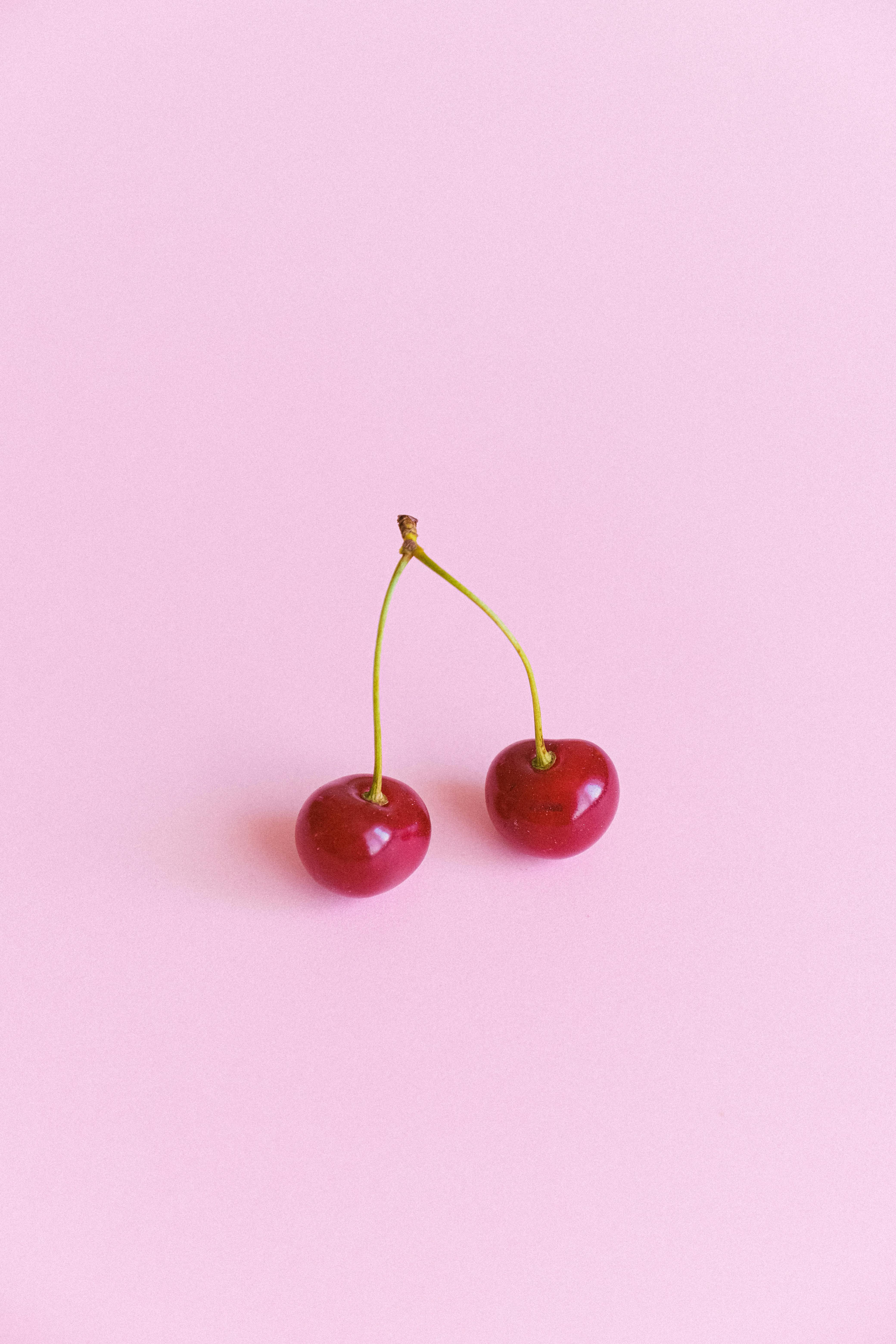 Two Connected Cherries on Pink Background