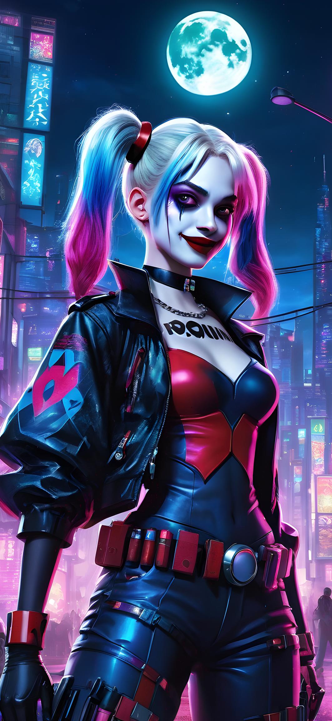 Harley Quinn in Neon Cyberpunk Night City