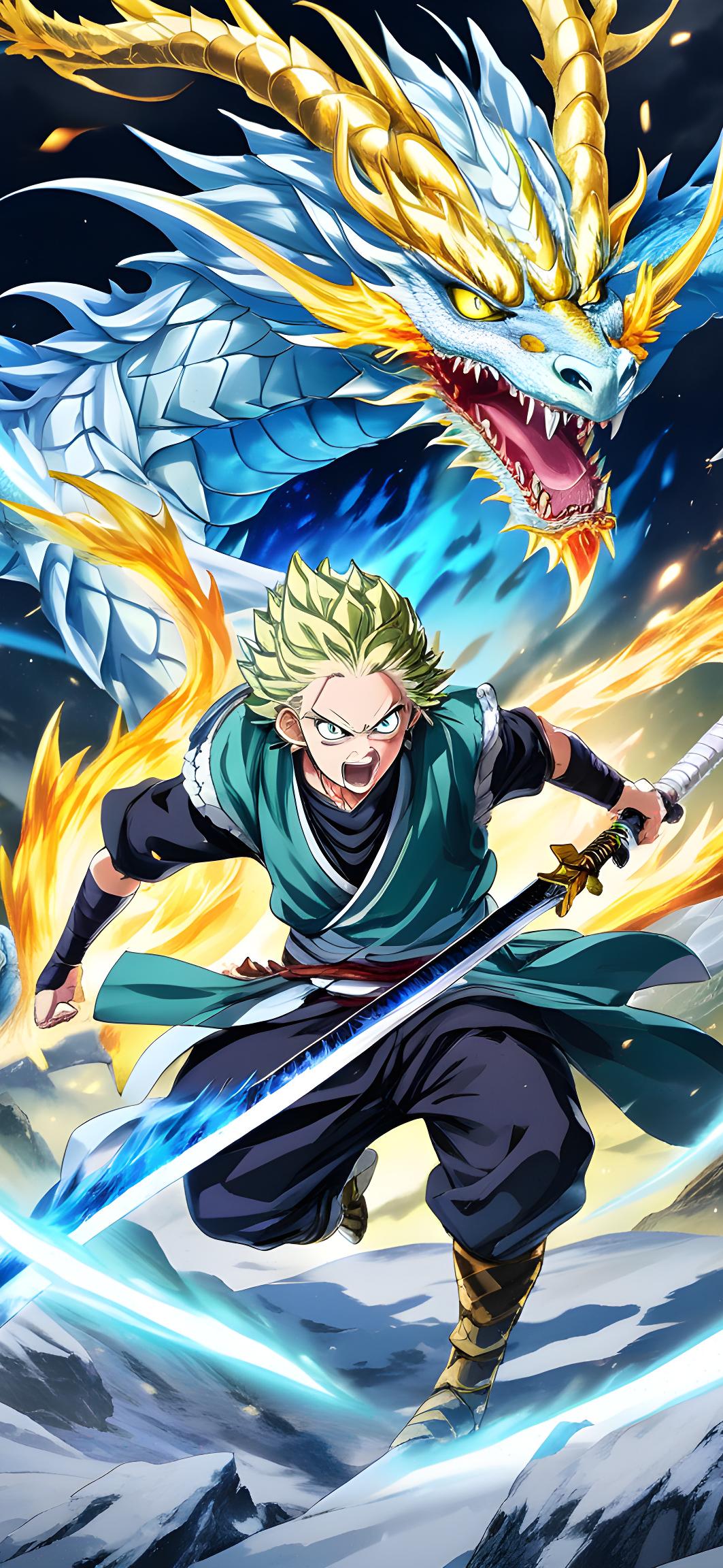 Anime Swordsman and Eastern Dragon