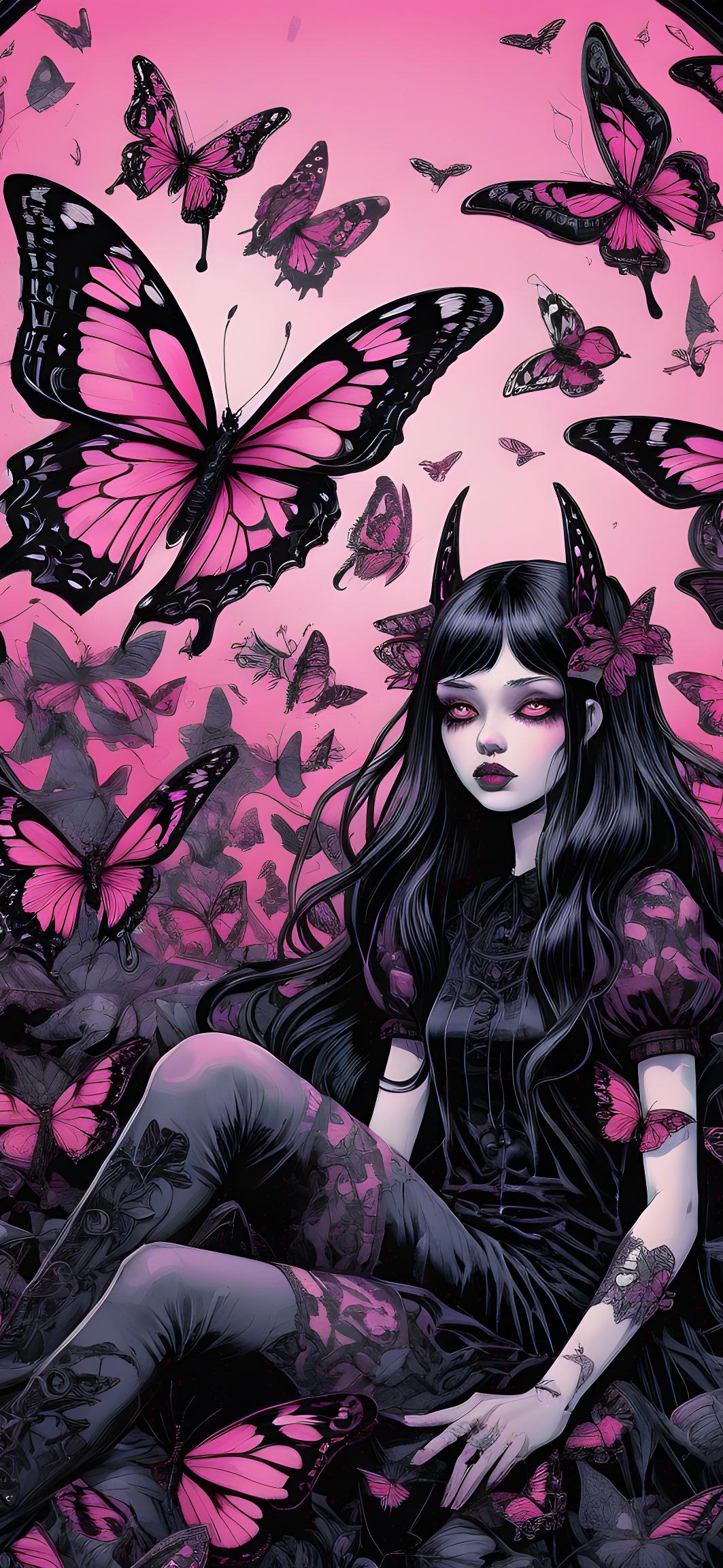 Gothic Demon Girl With Pink Butterflies — Desktop Wallpapers
