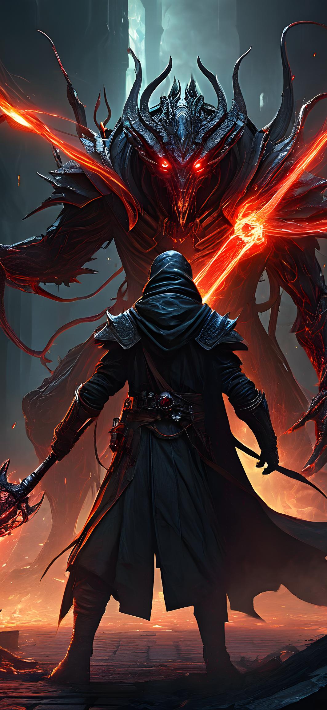 Hooded Warrior Confronts Fire Demon