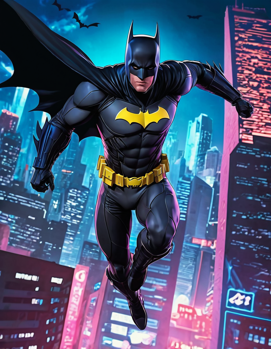 Batman Leaping Over Neon Gotham City
