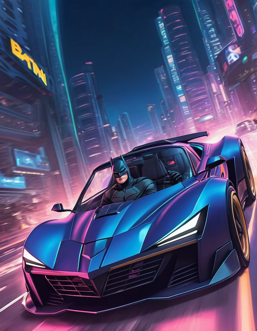 Batman Driving Through Neon City Streets