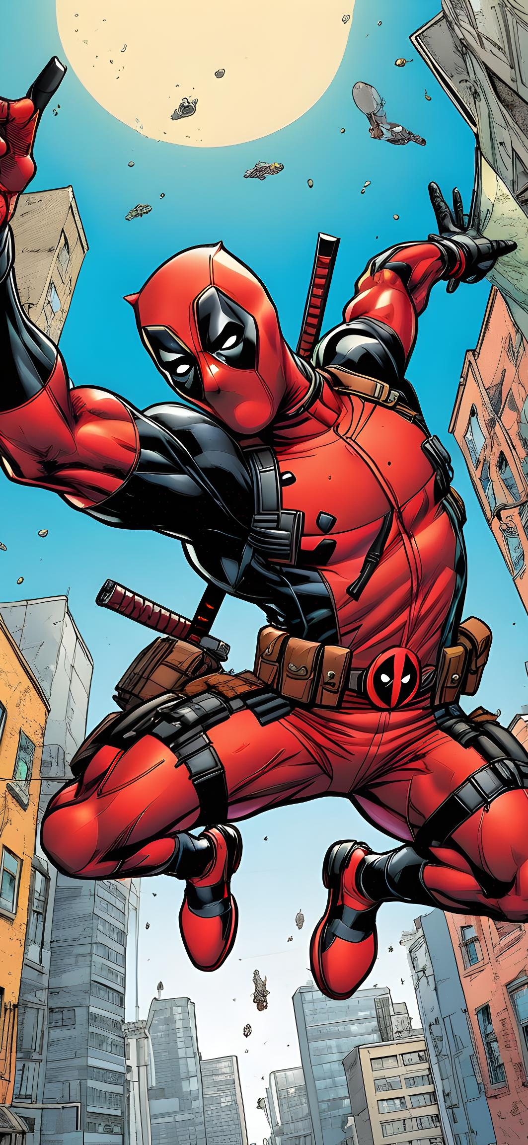 Deadpool Falling Above City Skyscrapers