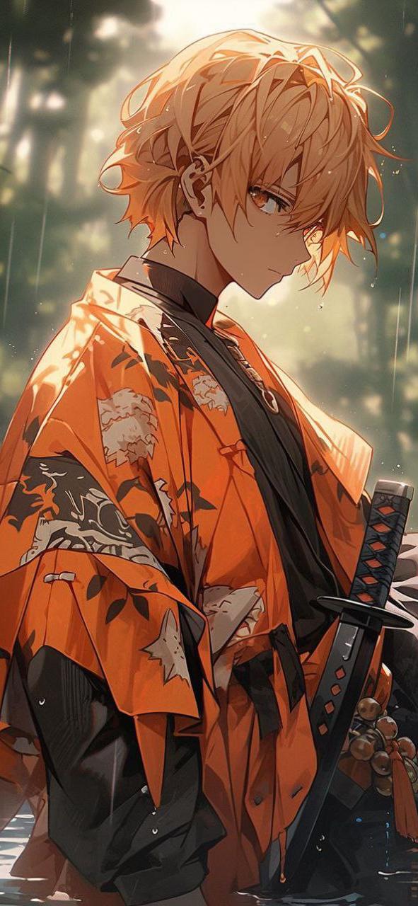 Anime Swordsman in Rainy Forest