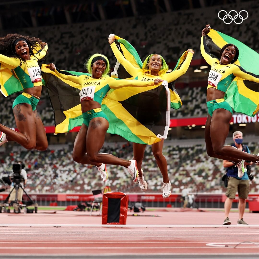 Jamaican Sprinters Celebrate at Tokyo Olympics