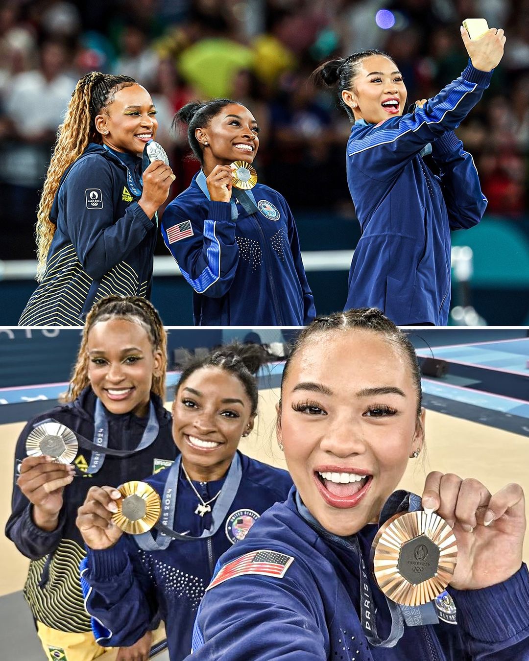 Three Olympic Gymnasts Celebrate with Medals — Sports