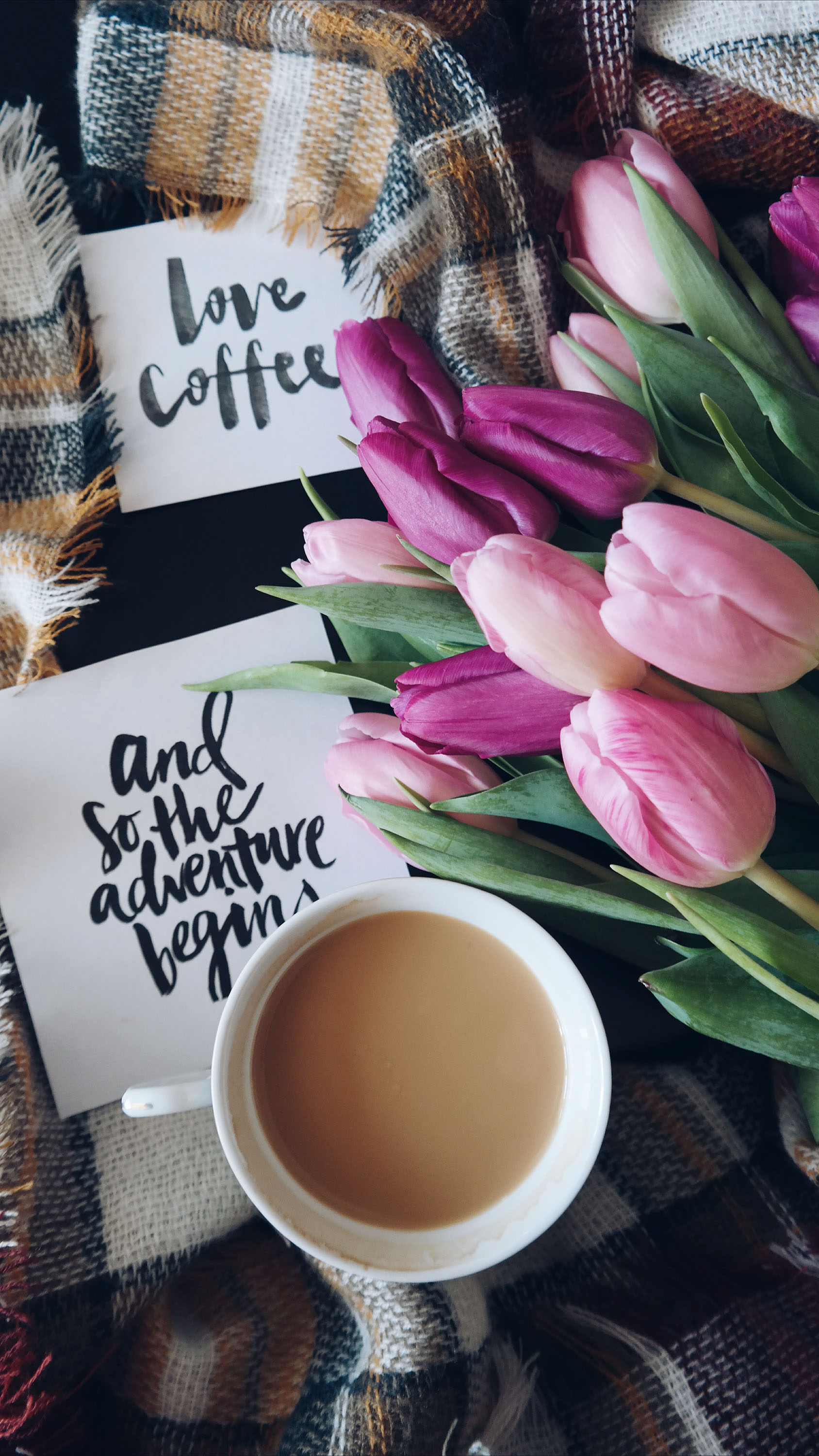 Cozy Coffee and Tulip Flat Lay