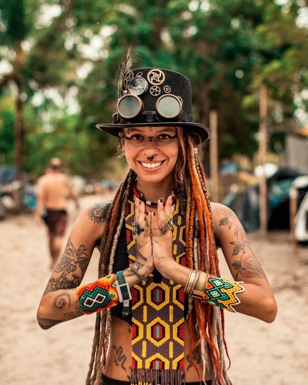 Smiling Woman in Steampunk Festival Outfit