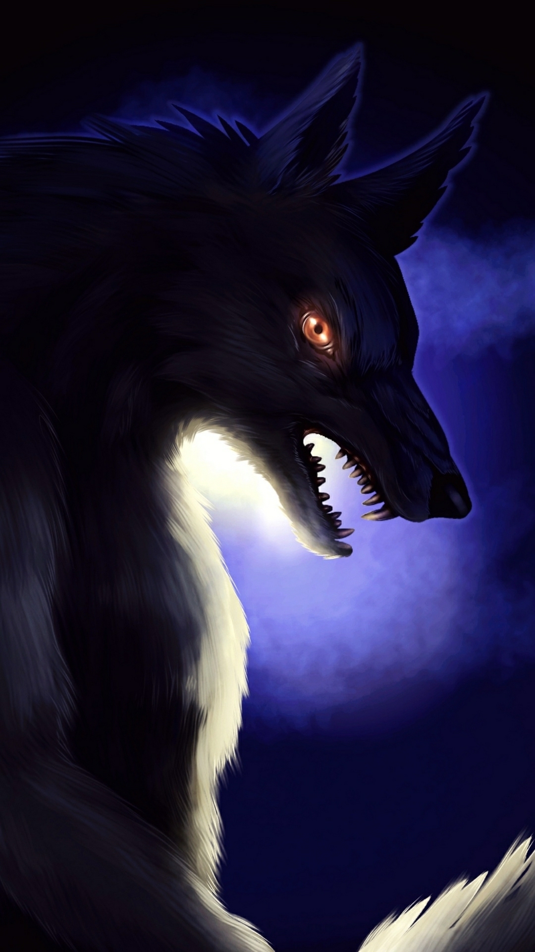 Snarling Black Wolf Against Night Sky