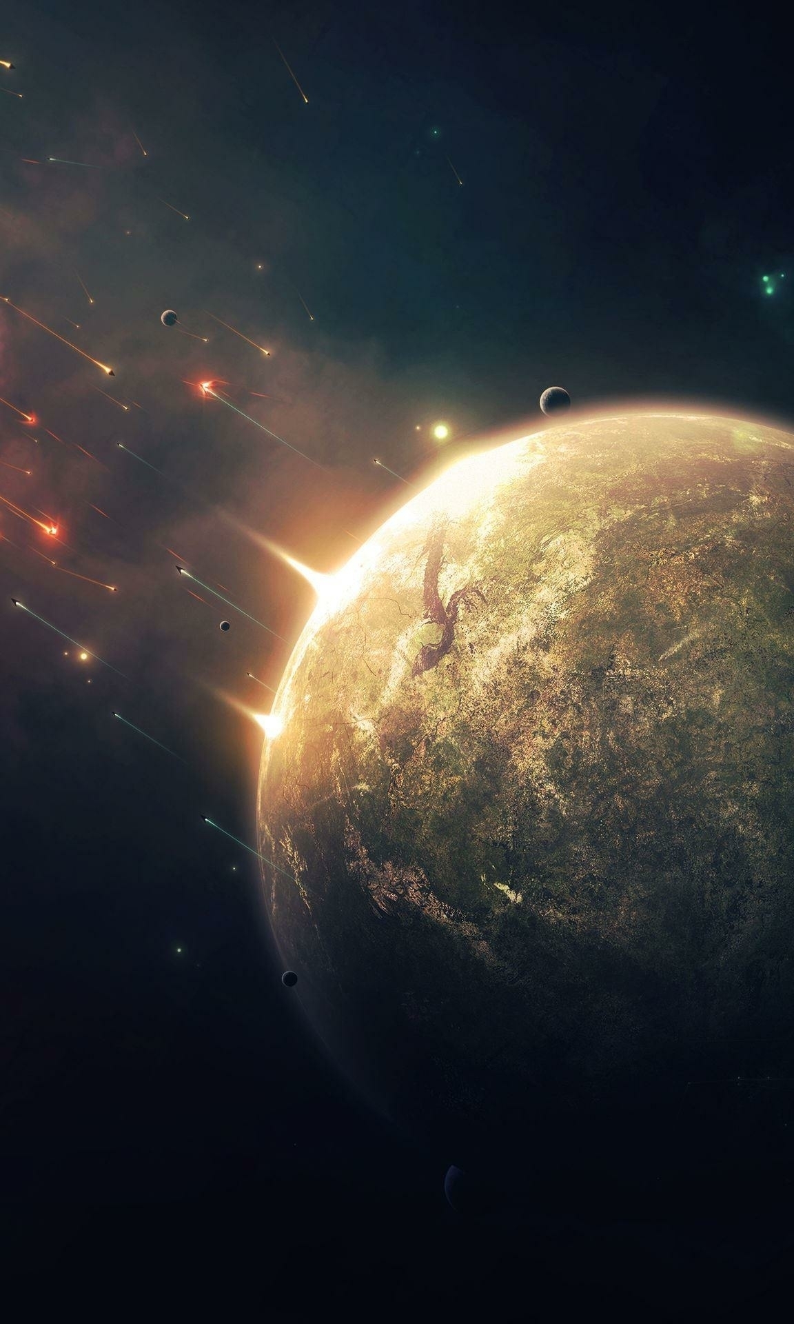 Meteor Shower Approaching Planet in Space