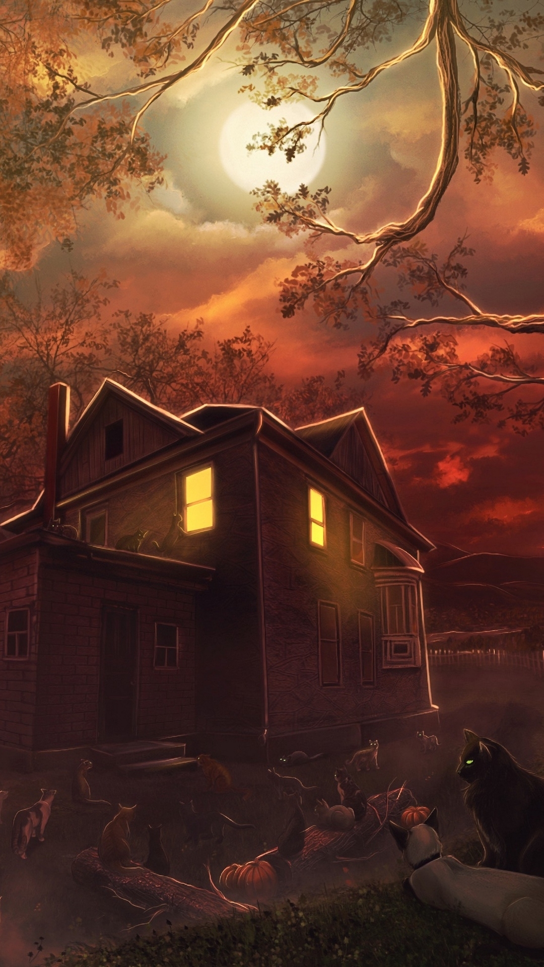 Full Moon Night House with Cats
