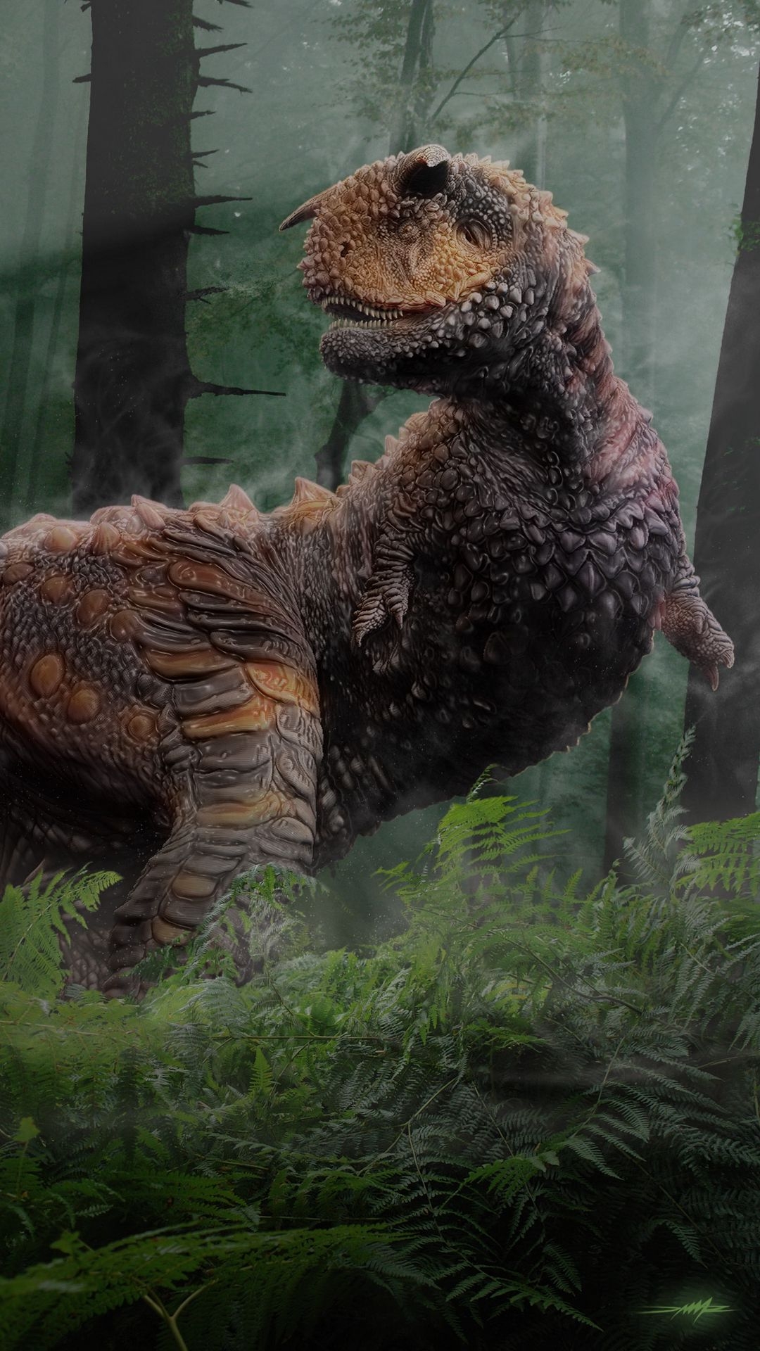 Armored Dinosaur in Misty Forest
