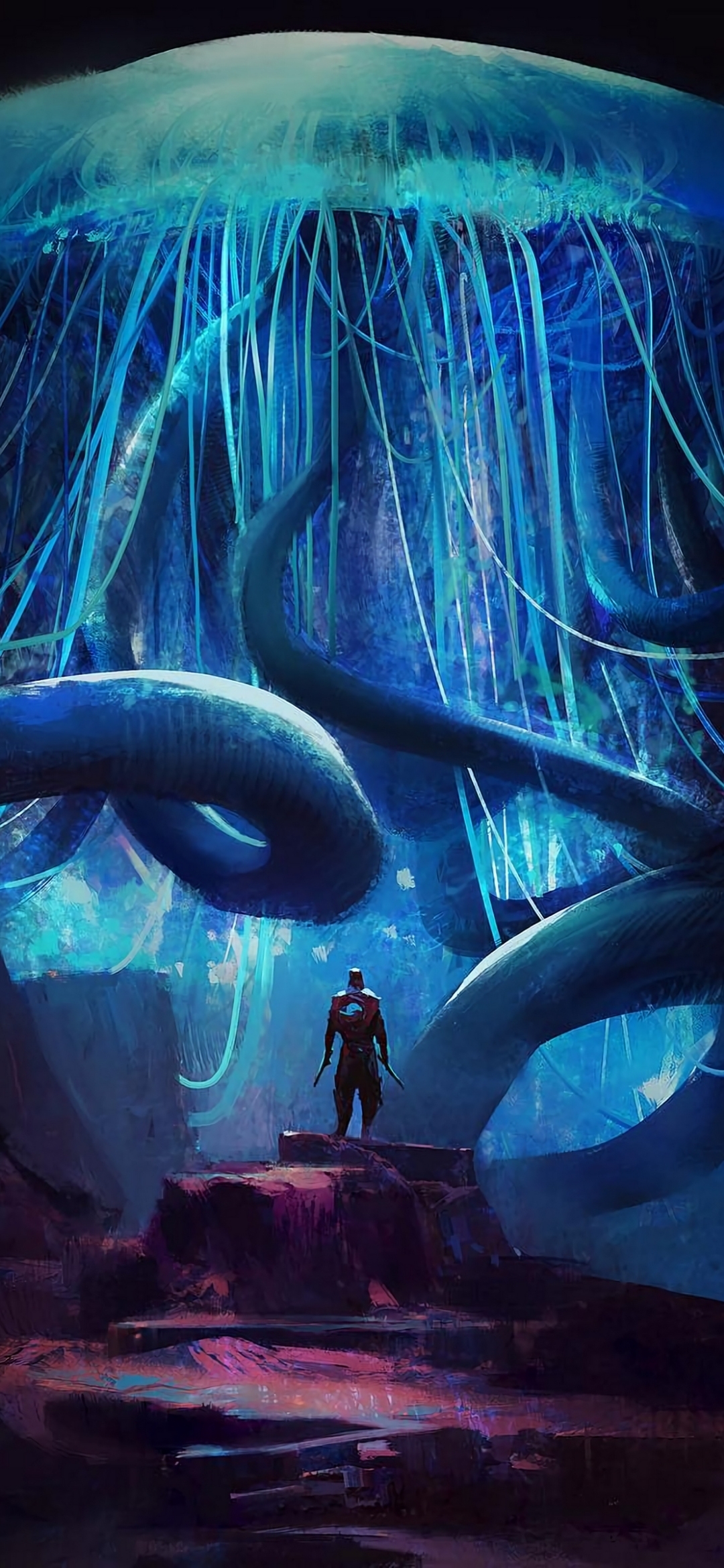 Adventurer Before Giant Glowing Deep Sea Jellyfish