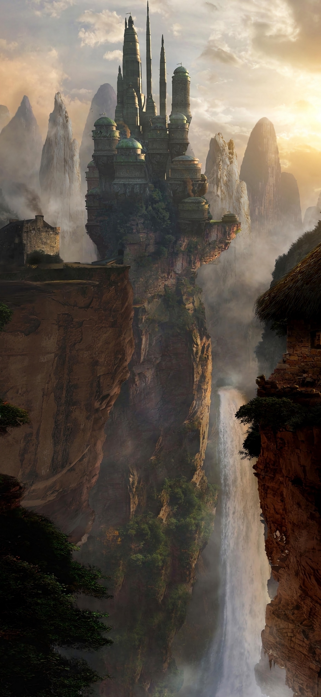 Ancient Castle on Cliff Above Waterfall
