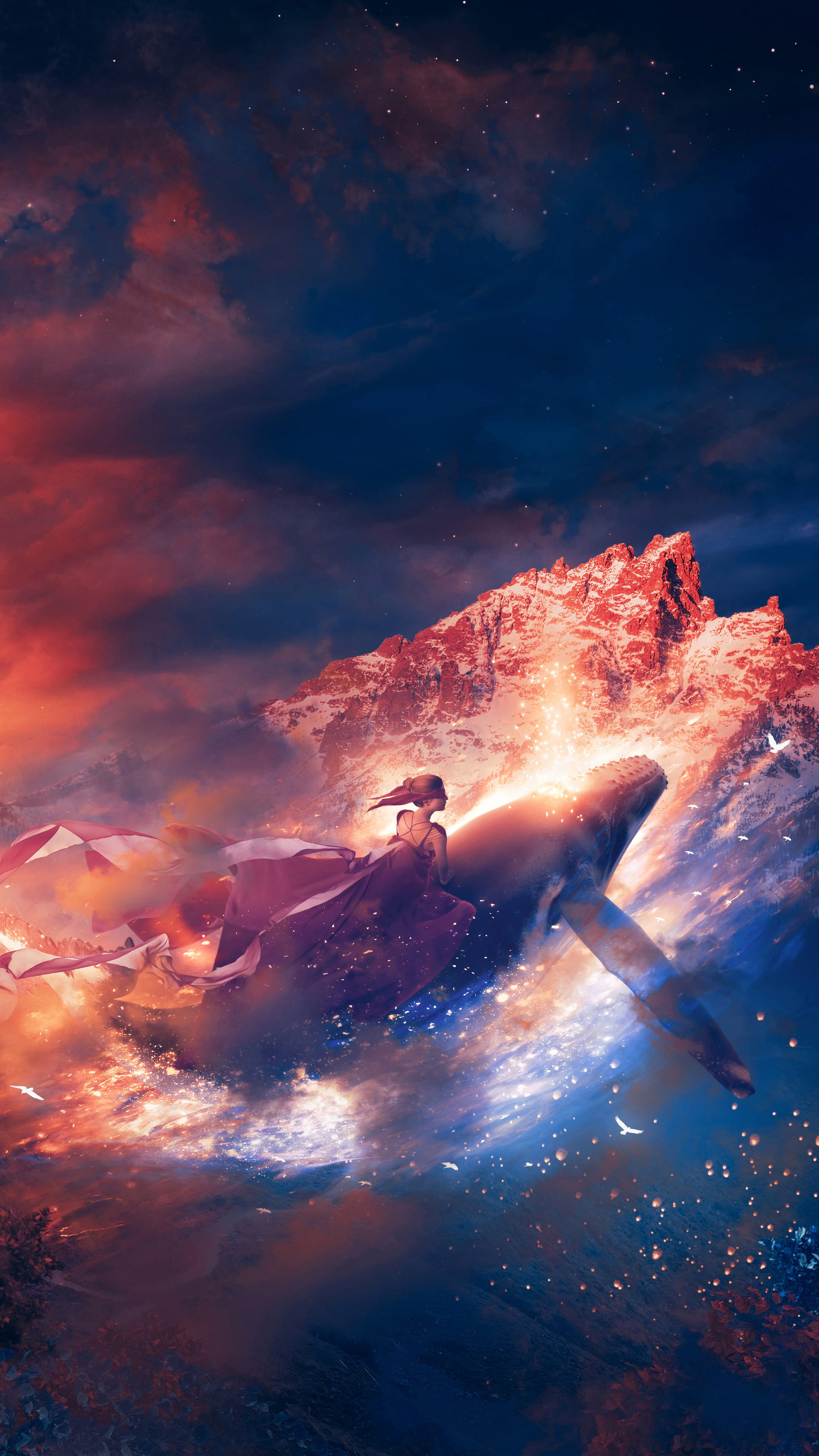 Girl Riding Flying Whale in Fantasy Sky