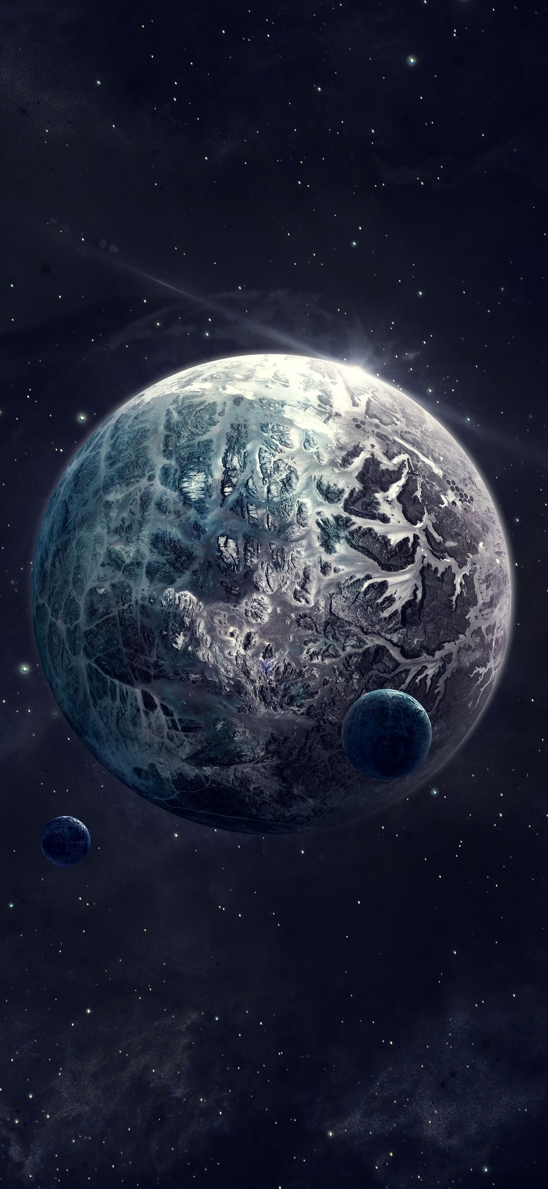 Icy Planet with Two Moons in Space