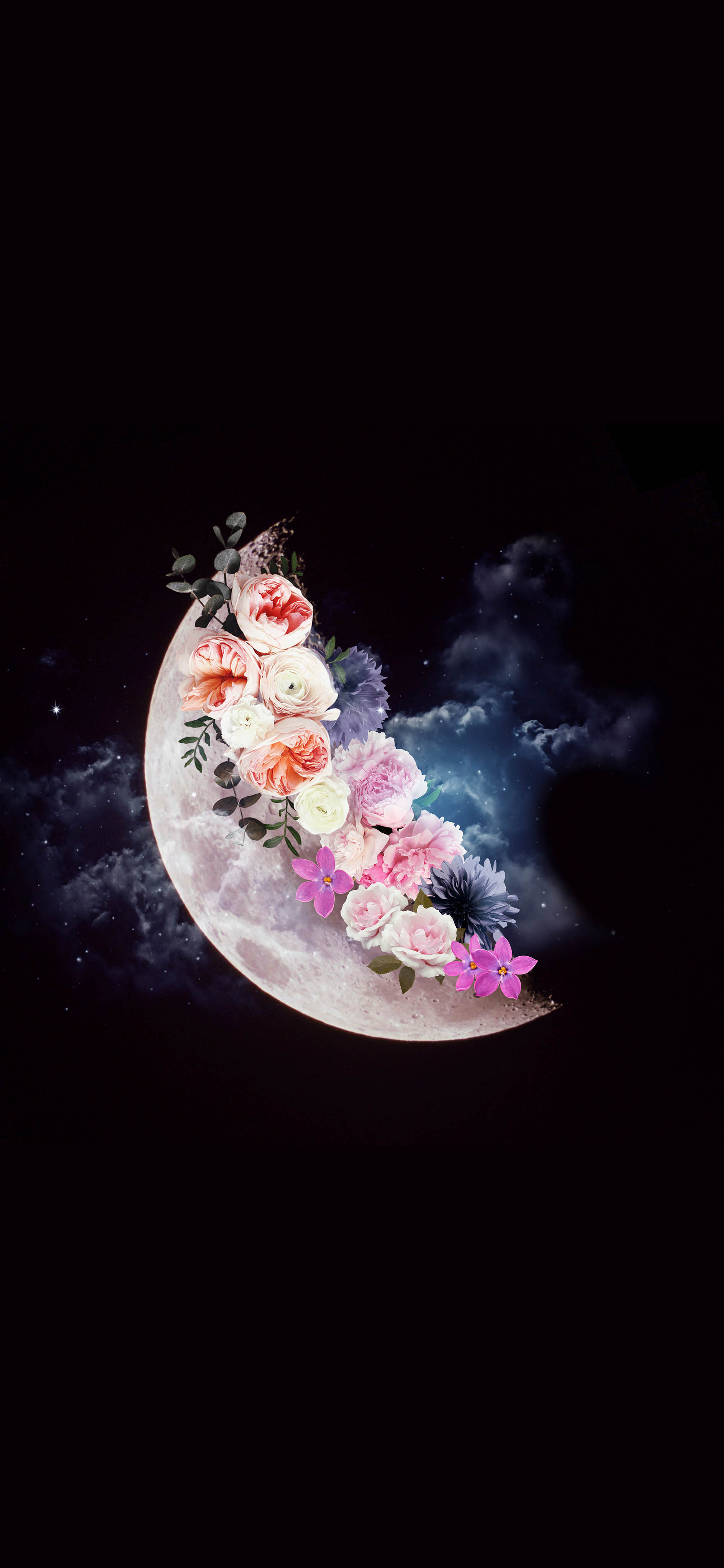 Floral Crescent Moon in Starry Night