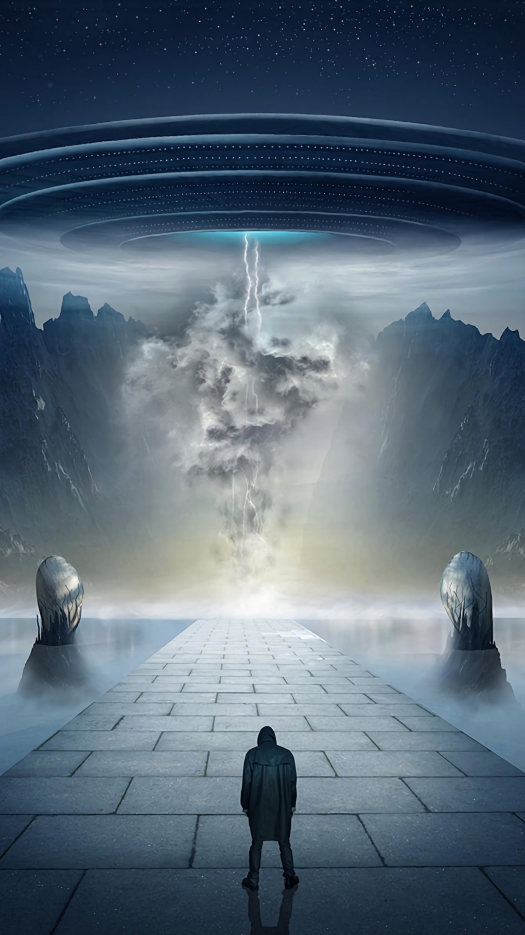 Hooded Figure Facing Giant UFO
