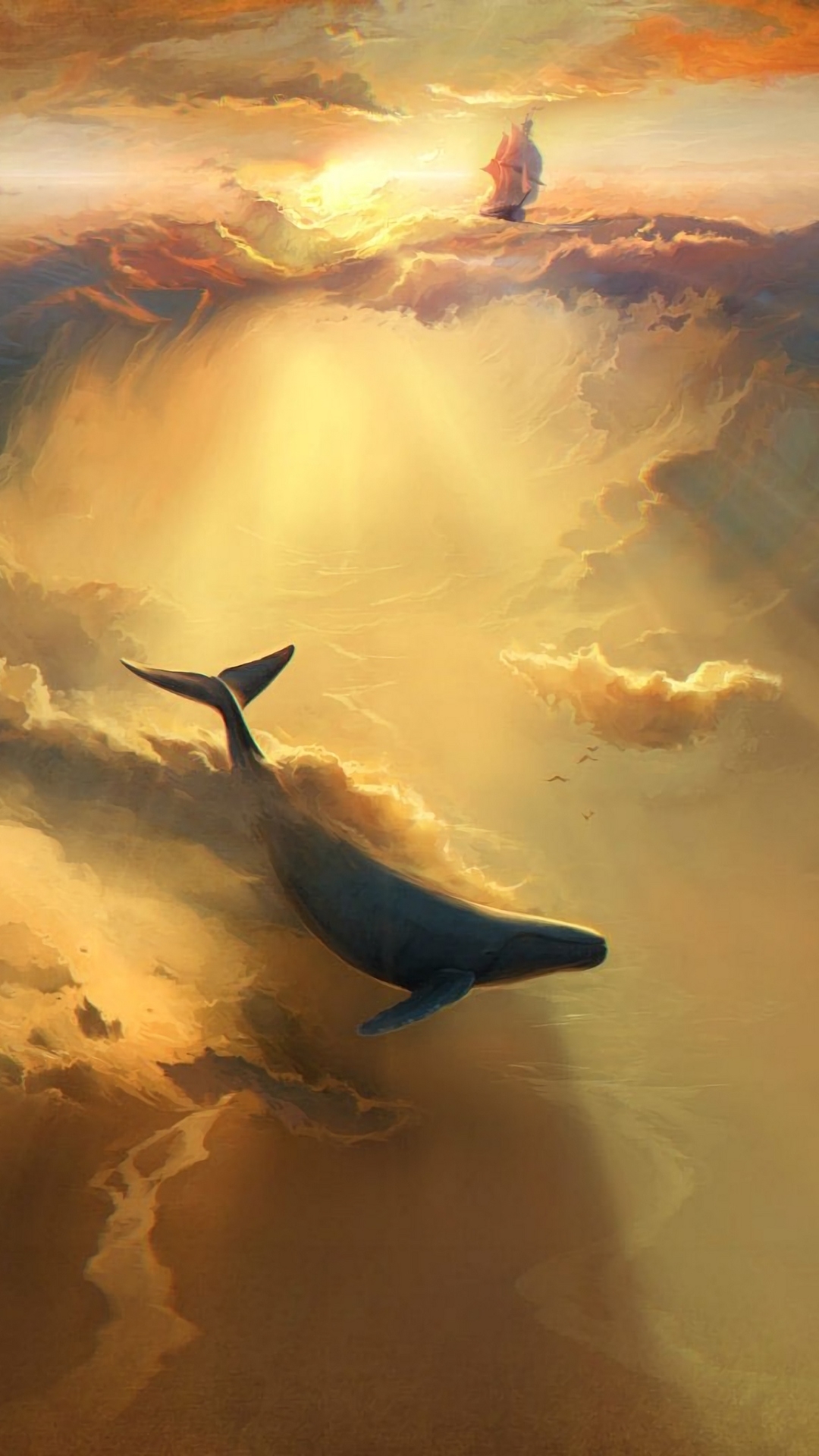 Whale Swimming Through Golden Clouds