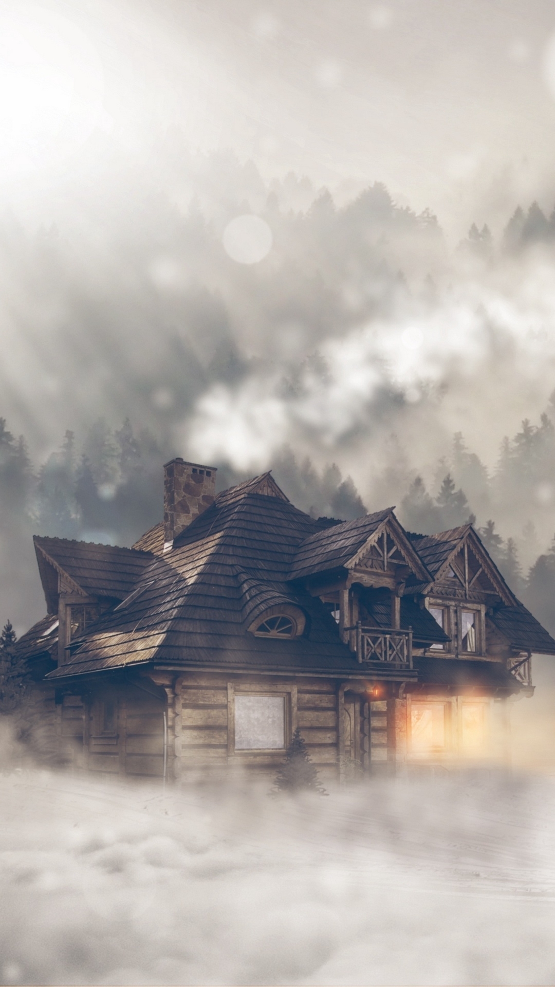 Foggy Snowy Mountain Log Cabin