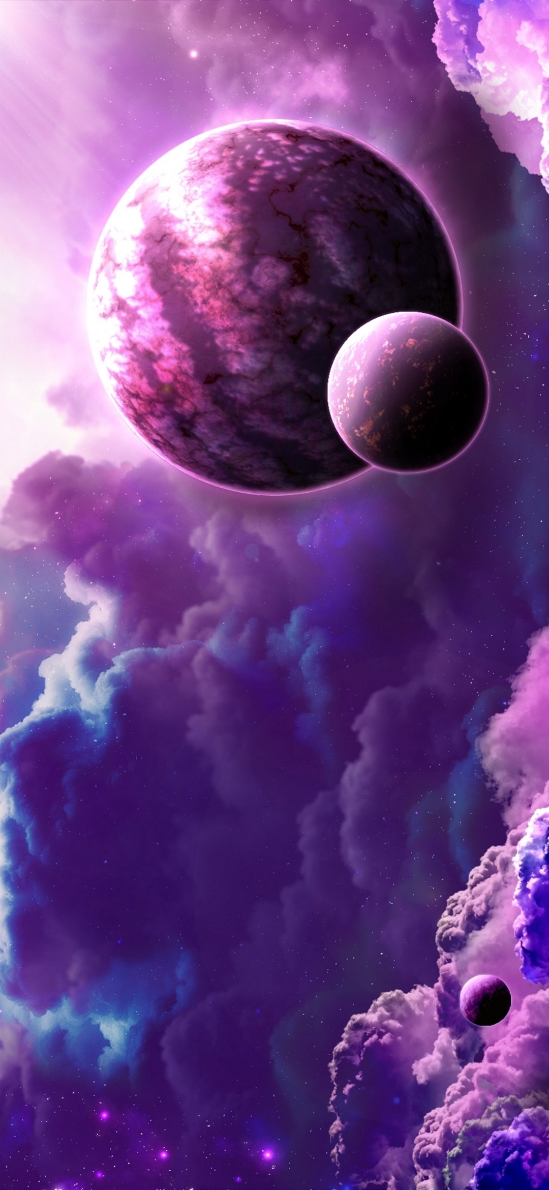 Three Planets in Purple Cosmic Space — Desktop Wallpapers