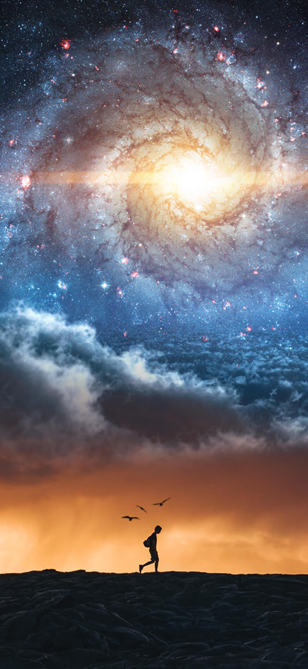 Hiker Walking Under Spiral Galaxy Sky
