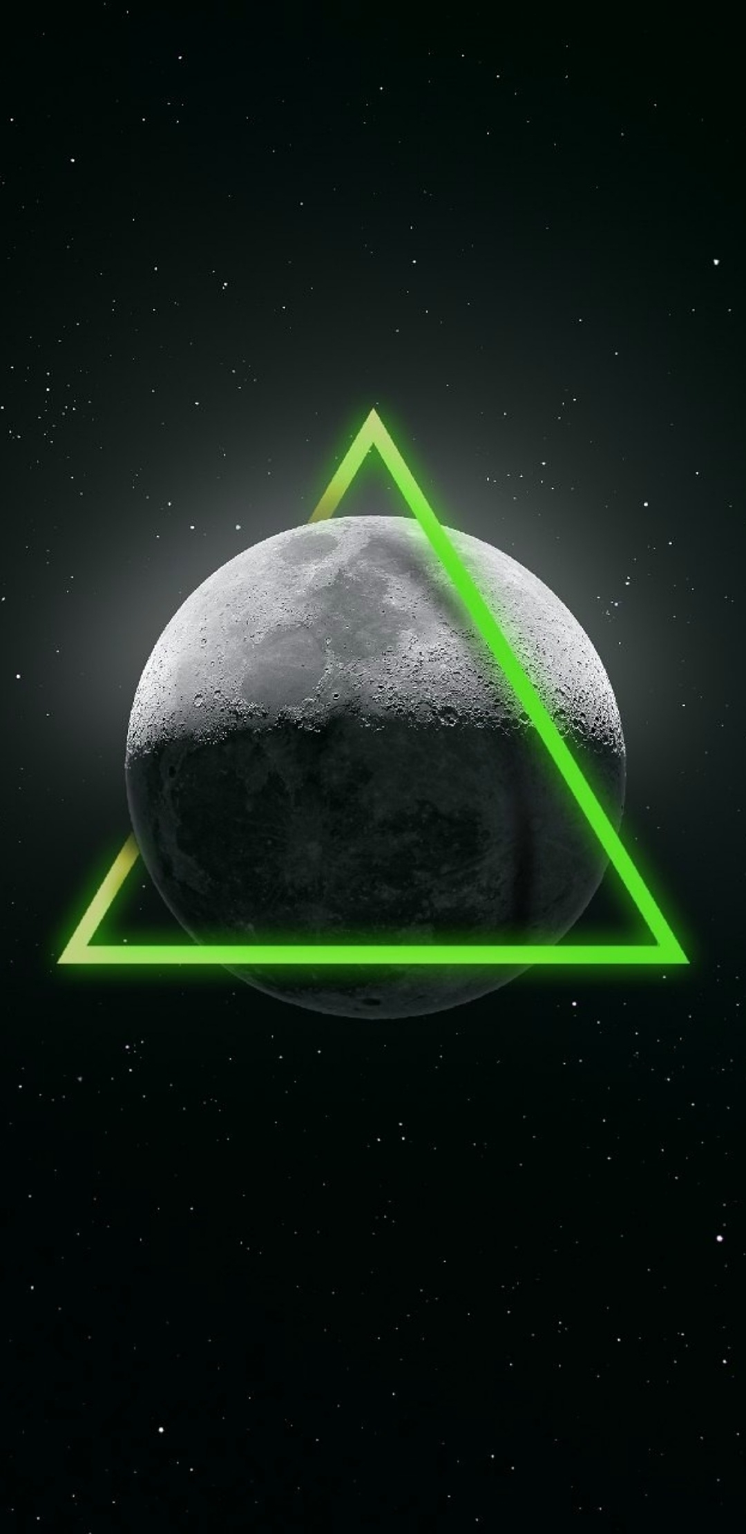Moon Enclosed by Neon Triangle in Starry Space