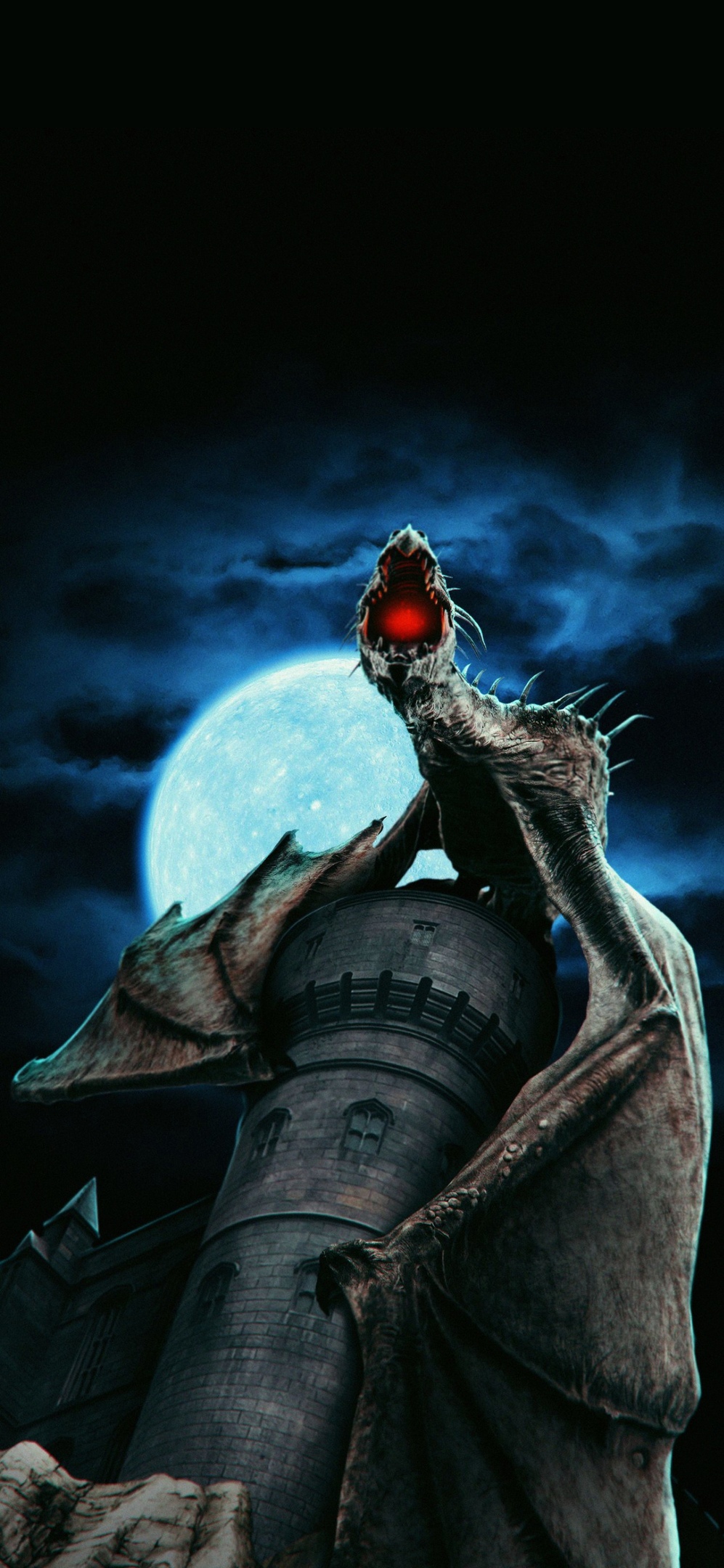 Giant Dragon Atop Castle Tower Under Full Moon