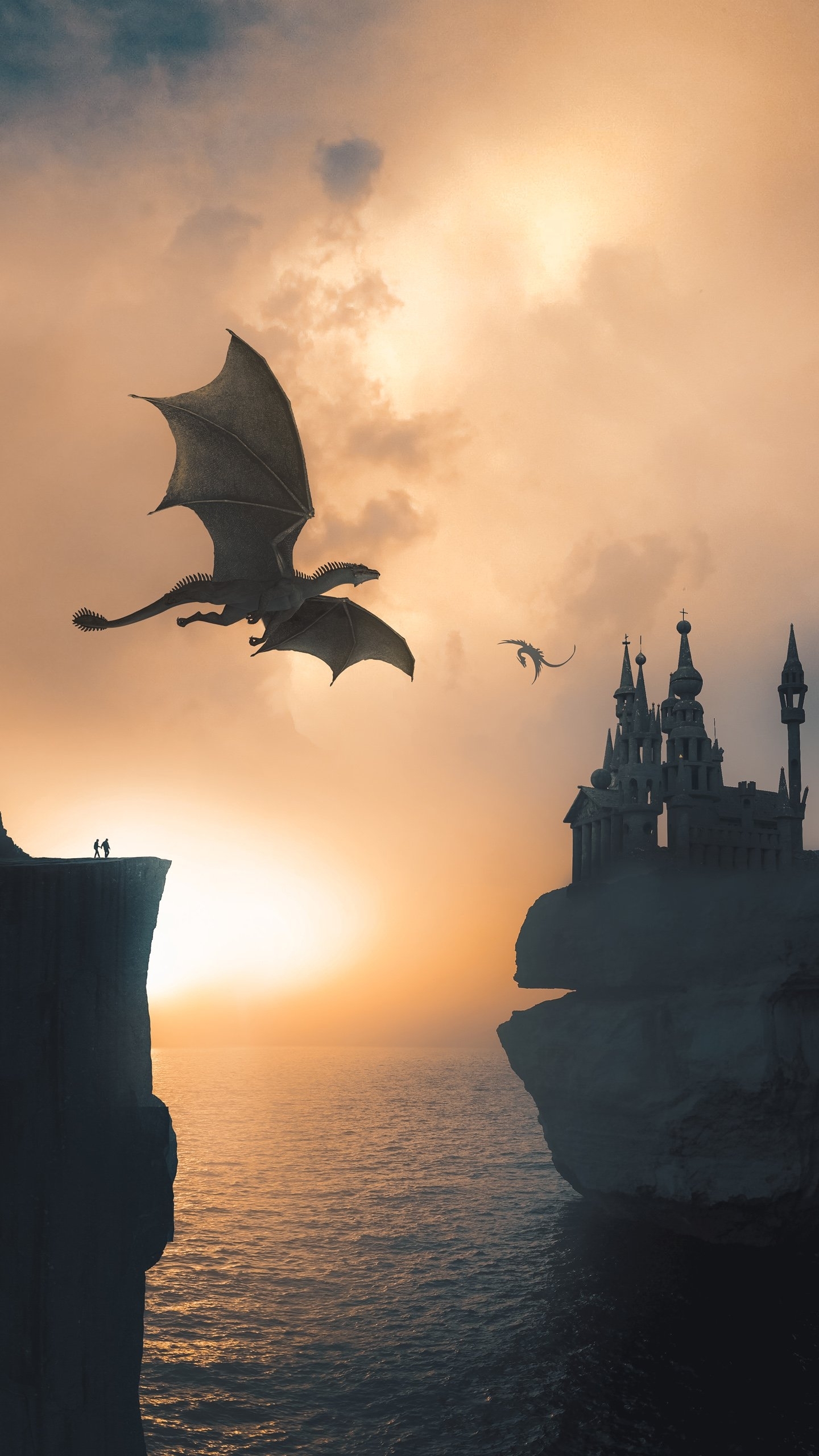 Dragons Flying Over Coastal Cliffs at Sunset
