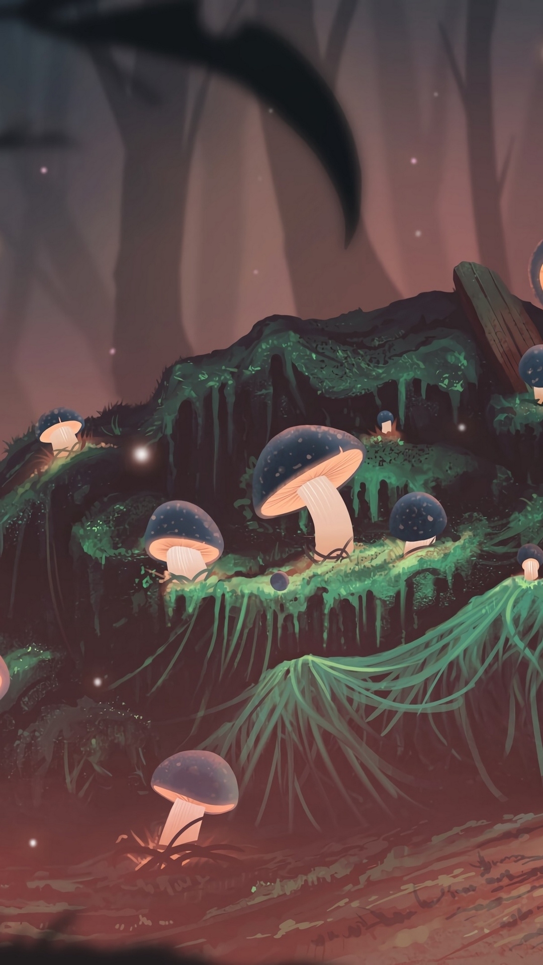 Glowing Mushrooms in Dark Forest