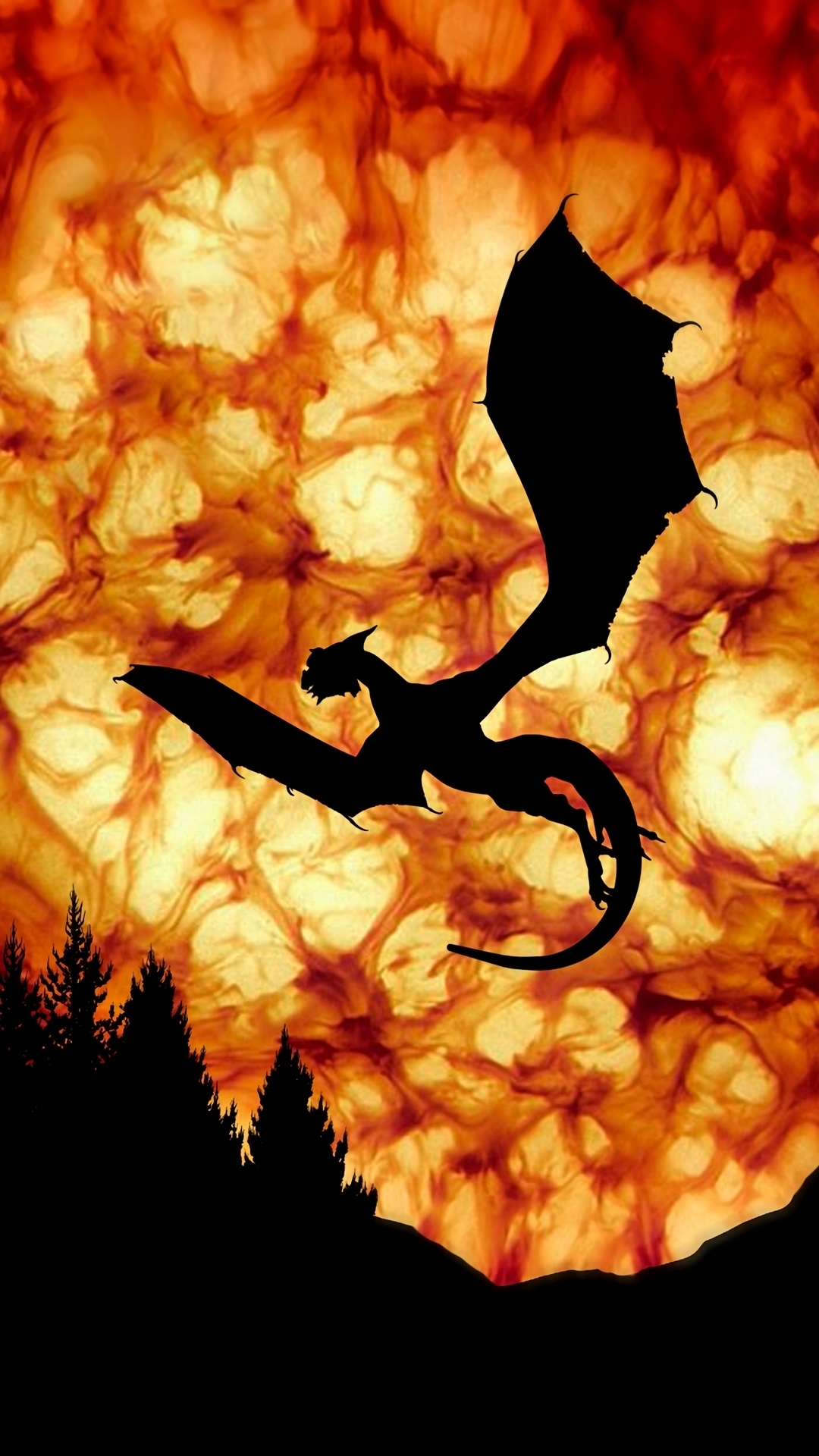 Flying Dragon Silhouette Against Fiery Sky — Desktop Wallpapers