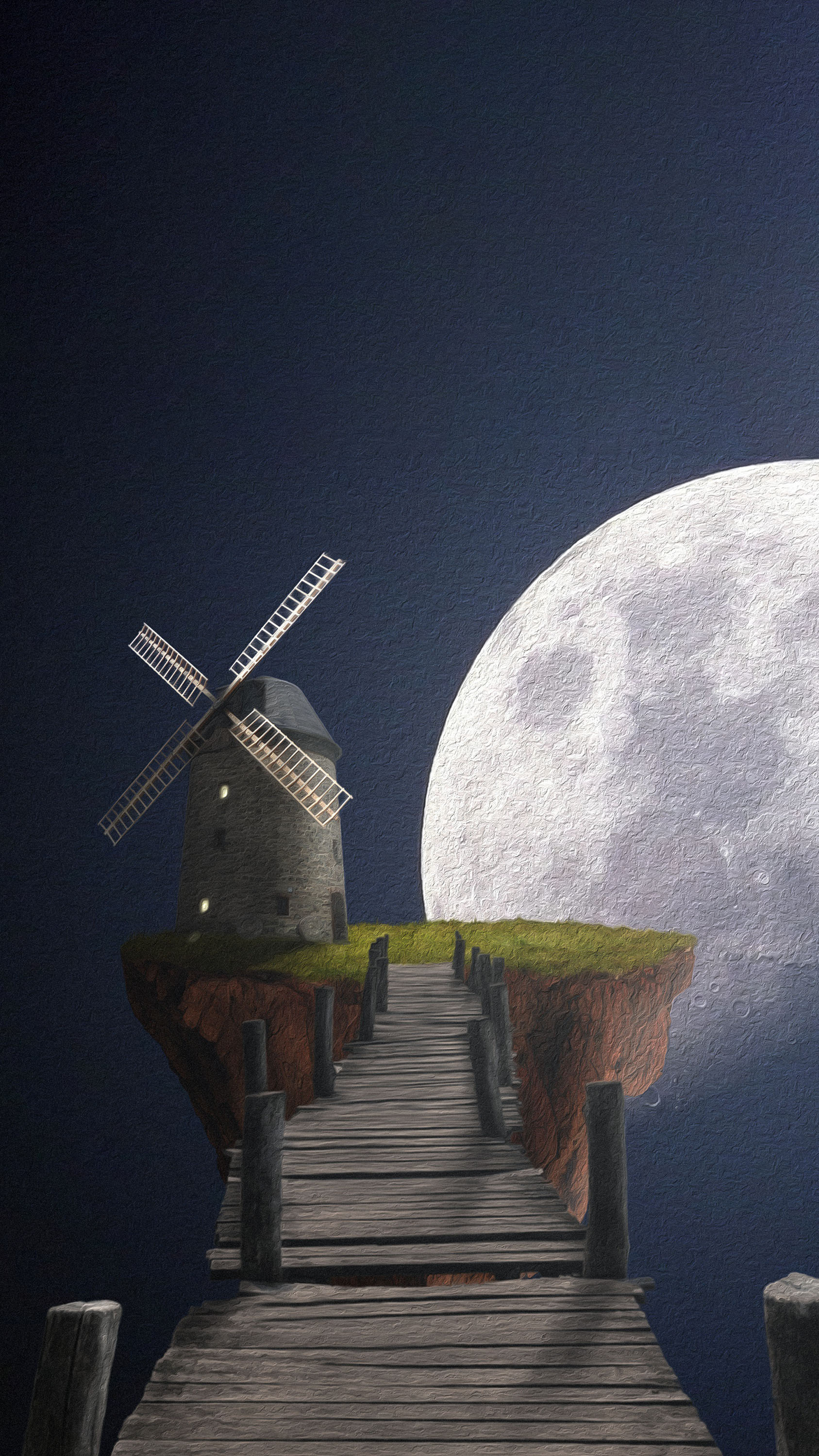 Windmill on Floating Island Under Full Moon