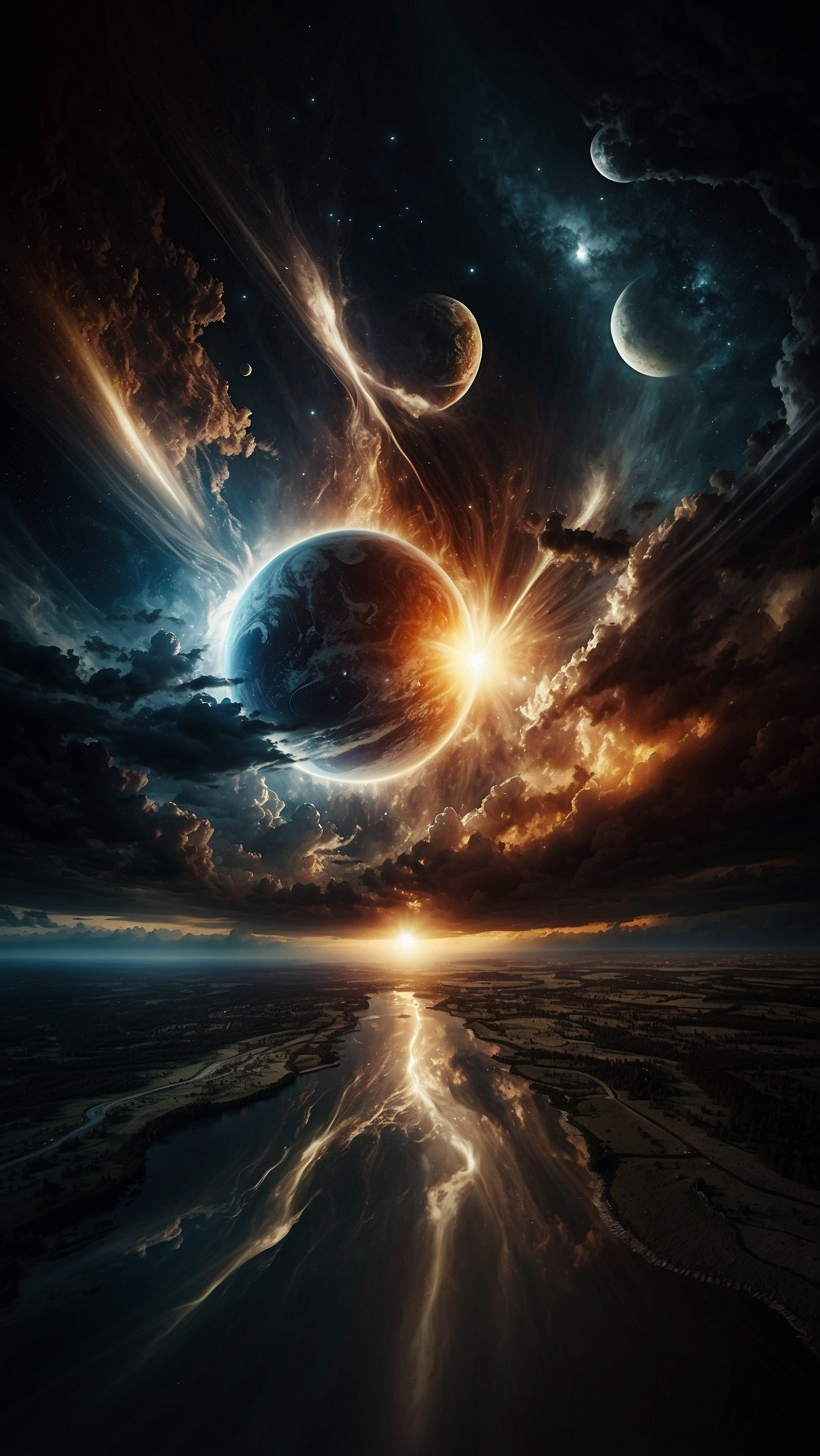 Cosmic Planets Over River Landscape
