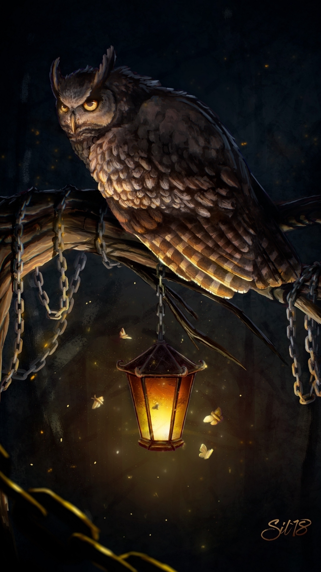 Owl Perched with Lantern at Night