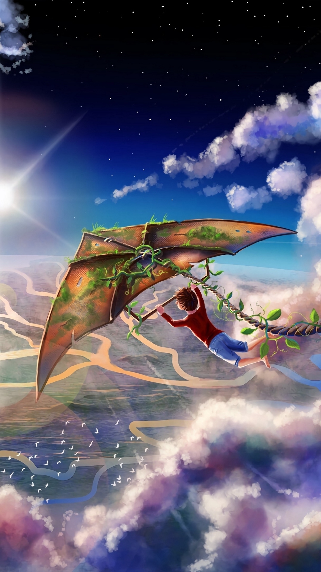 Boy Flying Glider Above the Clouds