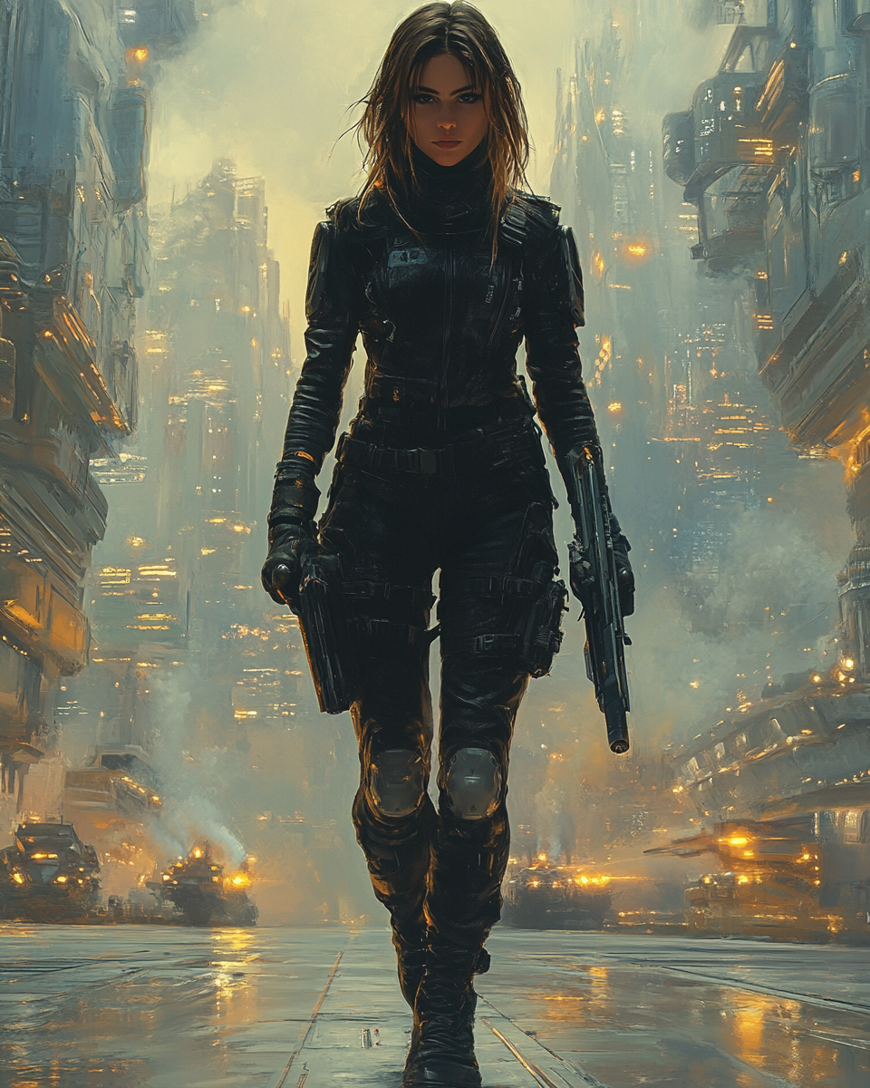 Armed Female Operative in Cyberpunk City