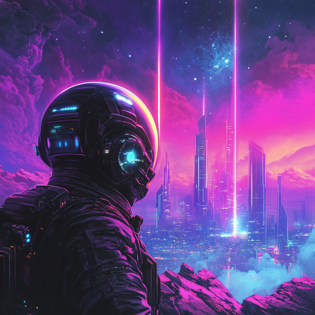 Astronaut Observes Neon Futuristic City