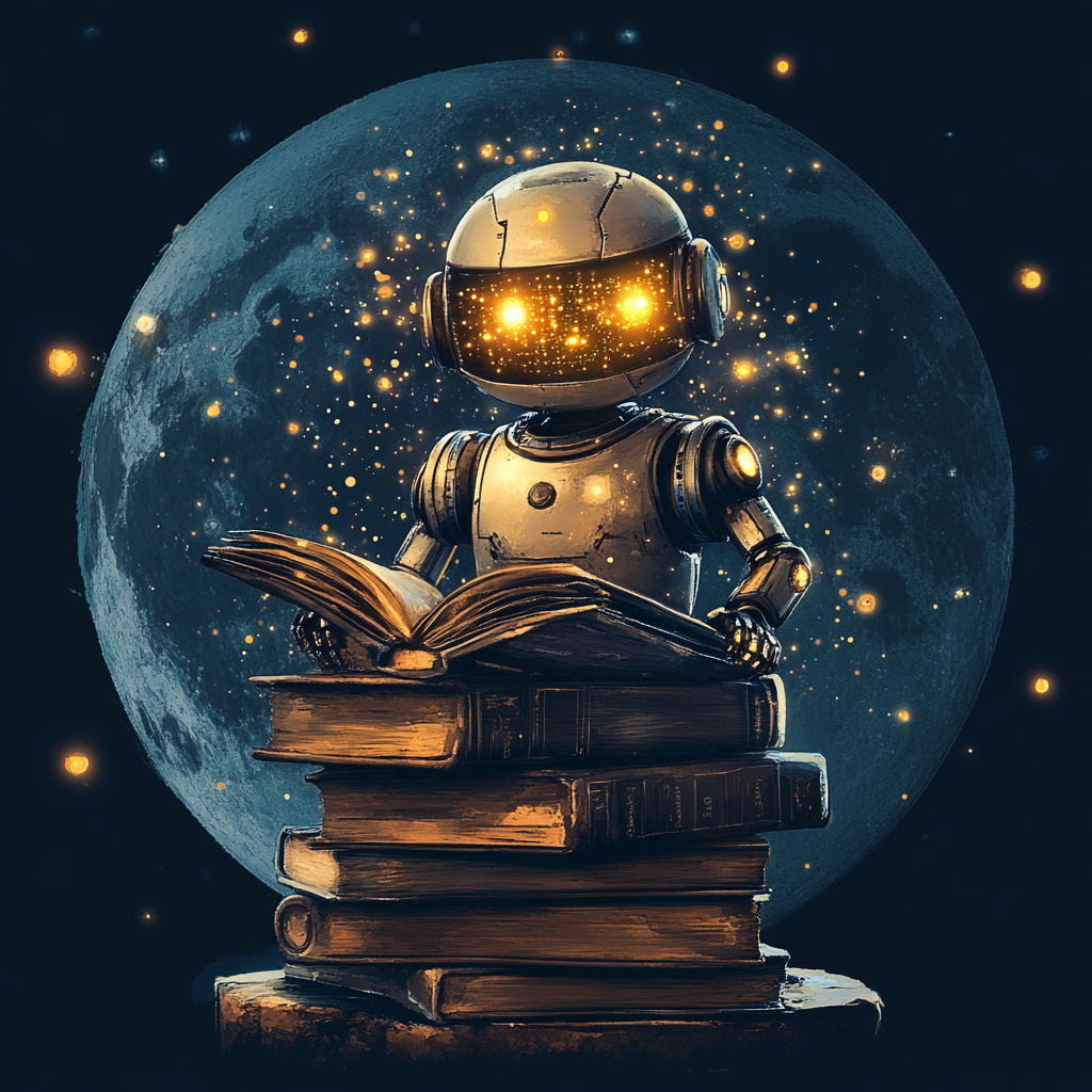 Robot Reading Open Book Under Full Moon