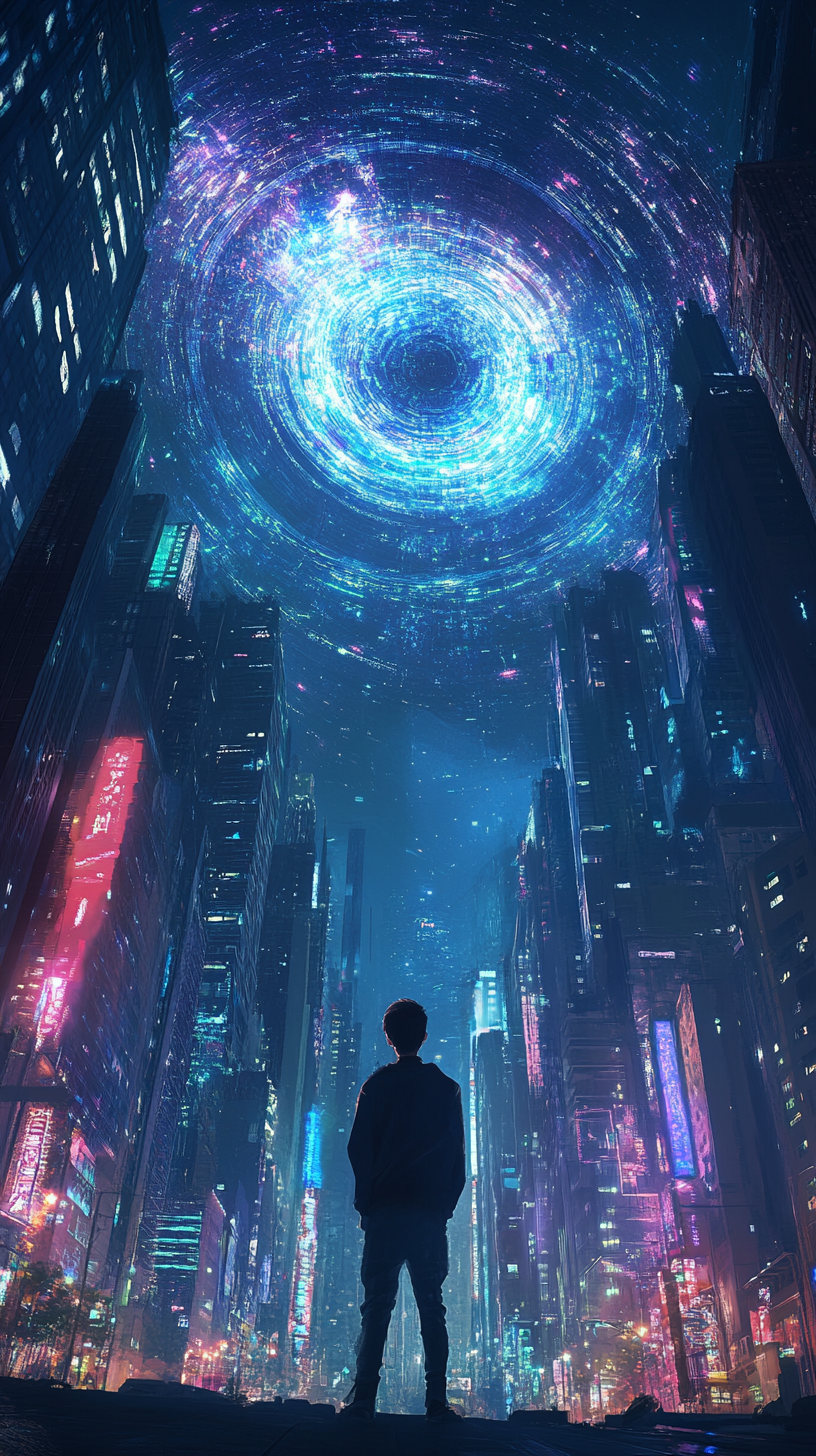 Man Gazing at Cosmic Vortex Over Neon City — 4K Wallpapers