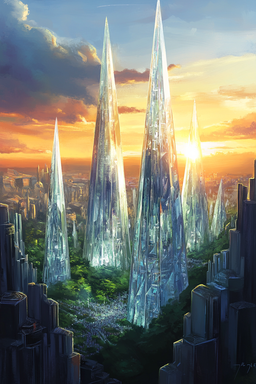 Futuristic City Crystal Spires at Sunset