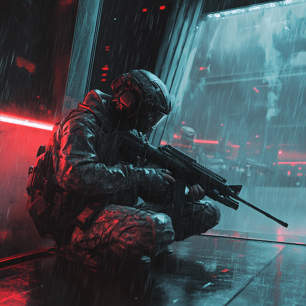 Armed Soldier Crouching in Rain