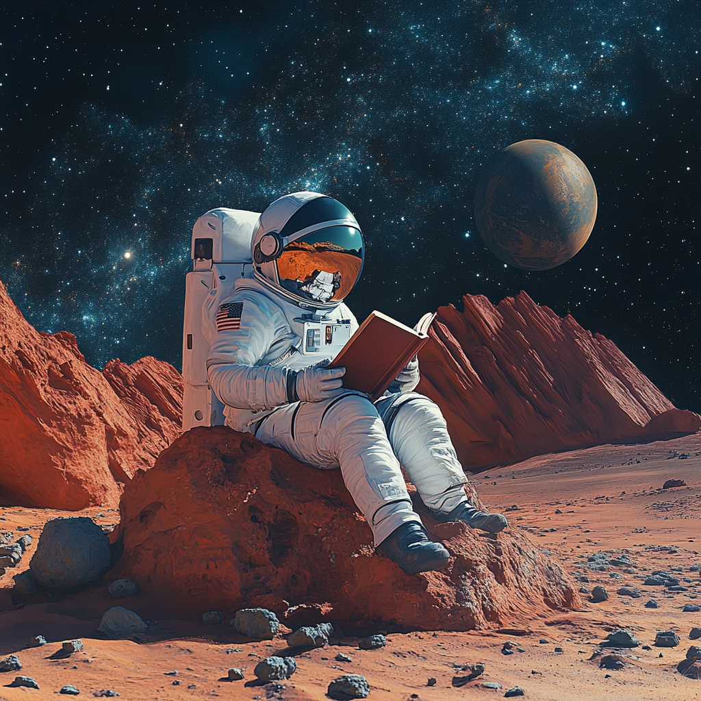 Astronaut Reading on Red Planet