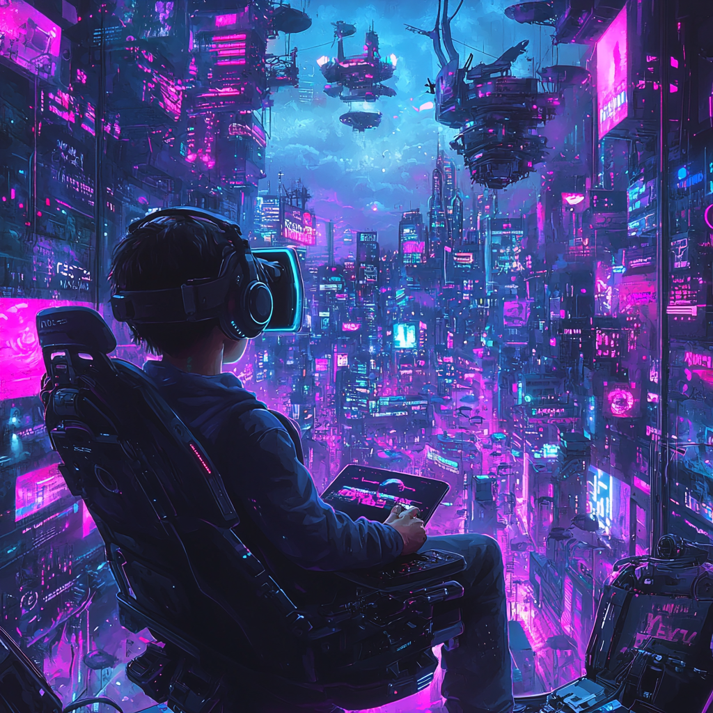 Gamer in Neon Cyberpunk City