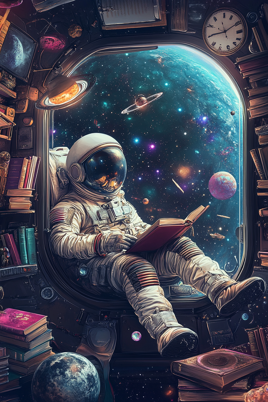 Astronaut Reading Book in Space Cabin